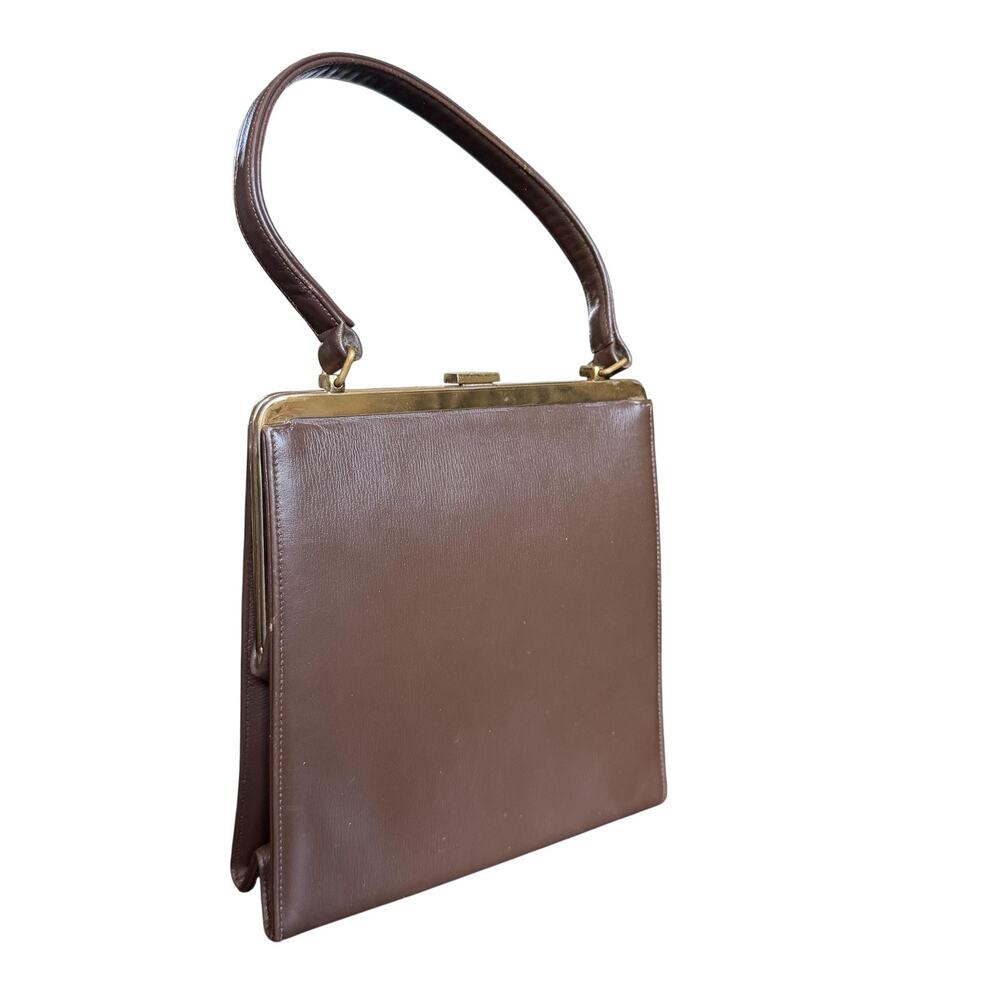 Vintage Block Top Handle Bag Womens Small Brown Leather Gold Frame Evening Purse